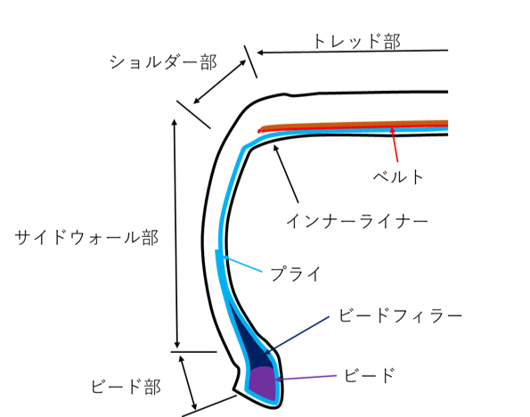 図1　タイヤの断面図の概略（ラジアルタイヤ、半分のみ）